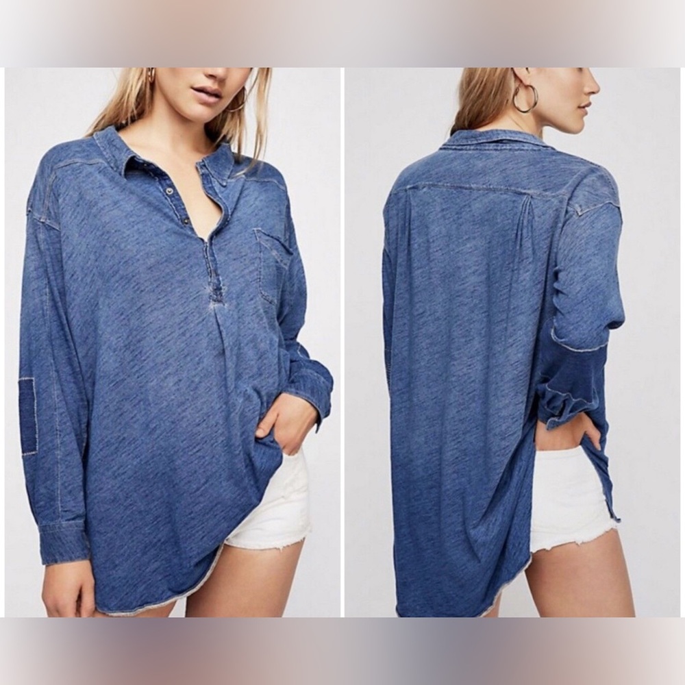 Free People Love This Henley Top Indigo Blue Long Sleeve Oversized Women’s Small